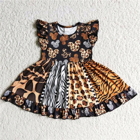 D8-30 Leopard M Cartoon Patchwork Girls Flutter Sleeve Dresses