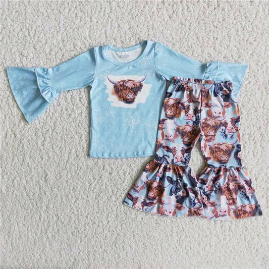 Clearance 6 A13-13 Blue Highland Cows Girls Long Sleeve Bell Bottom Pants Outfits