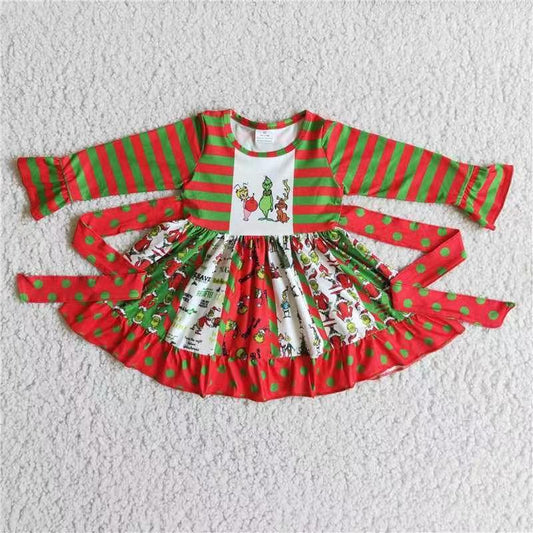 6 B3-5 Christmas Red Green Cartoo Girls Belt Patchwork Long Sleeve Dresses