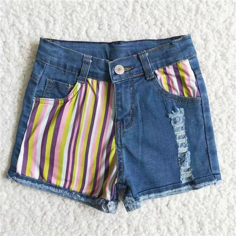 Striped  Print Baby Girls Summer Short Denim Jeans