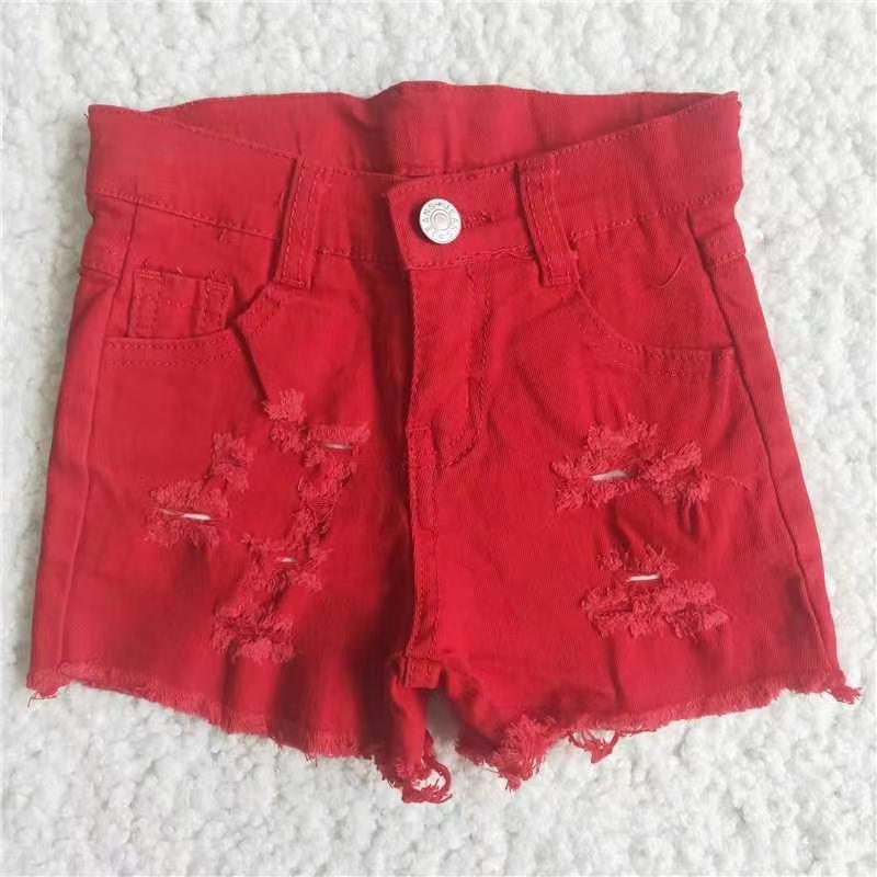 Red Solid Color Short Denim Jeans