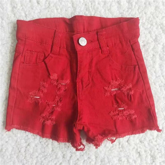 Red Solid Color Short Denim Jeans