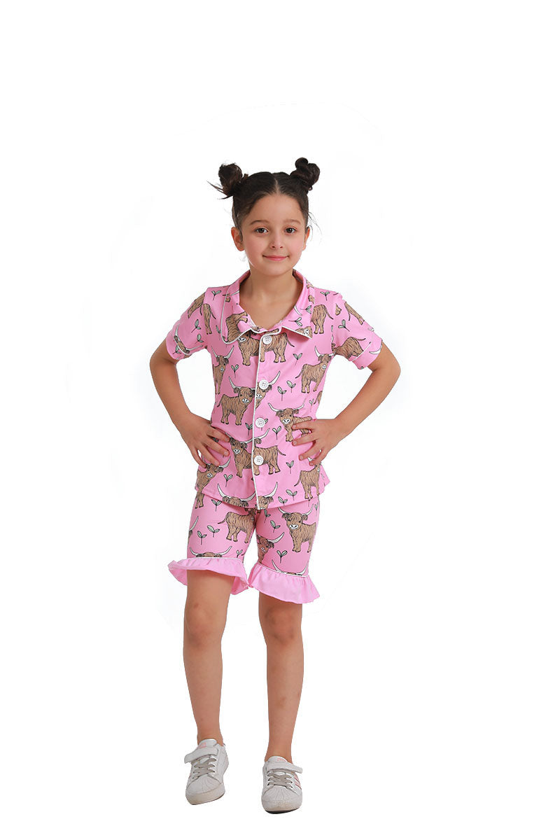 B11-28 Highland Cow Pink Collar Girls Short Sleeve Pajamas