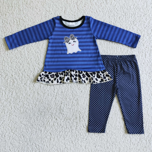 GLP0140 Halloween Blue Stripes Ghost Cartoon Tunic Girls Long Sleeve Pants Outfits