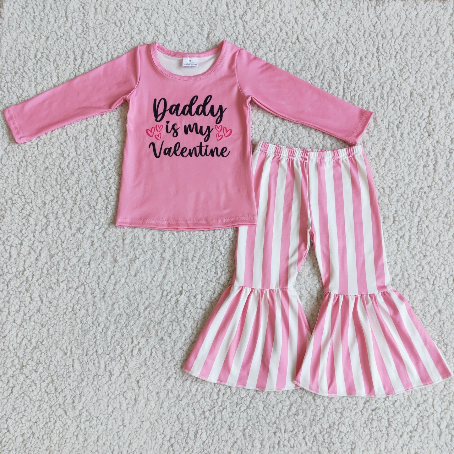 6 B9-35 Daddy Is My Valentine Pink Striped Girls Long Sleeve Bell Bottom Pants Outfits