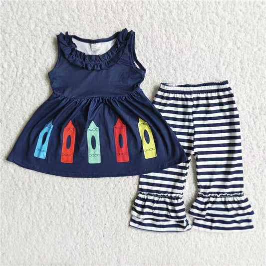 D2-28 Back To School Pencil Blue Striped Tunic Girls Short Sleeve Bell Bottom Pants Outfits