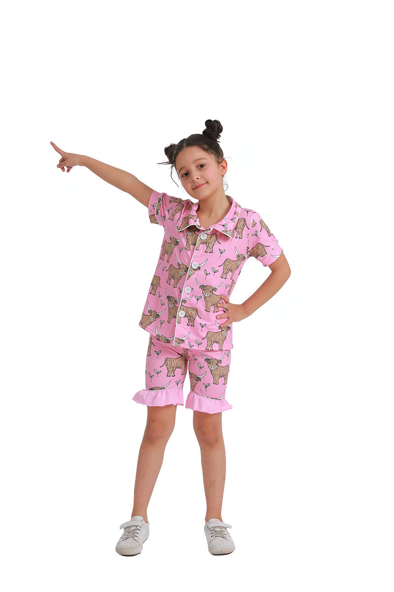 B11-28 Highland Cow Pink Collar Girls Short Sleeve Pajamas