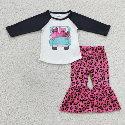 6 B7-24 Valentine Love Pink Leopard Girls Long Sleeve Bell Bottom Pants Outfits