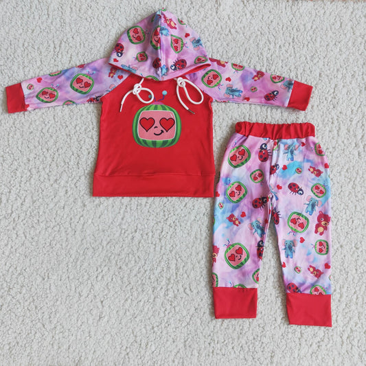 Clearance  6 B12-39 Valentine's Cartoon Melon Girls Hoodie Set