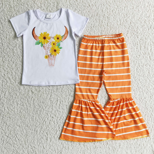 Clearance A13-3 Yellow Orange Stripes Sunflower Cow Print Girls Short Sleeve Bell Bottom Pants Outfits