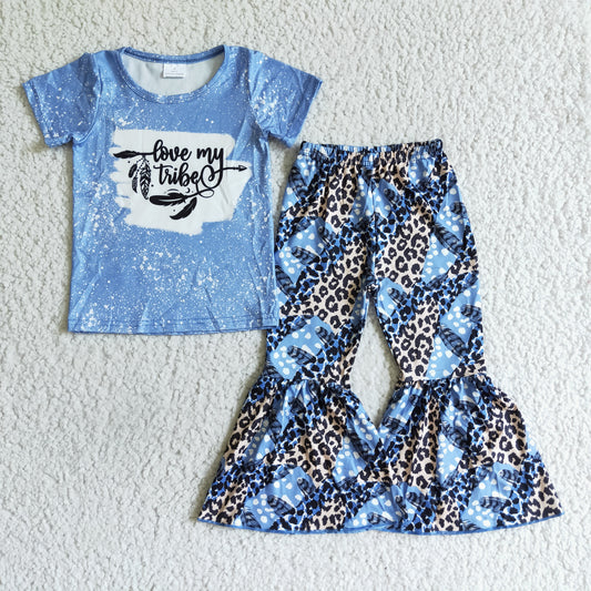 Clearance B8-25 Love My Tribe Blue Leopard Girls Short Sleeve Bell Bottom Pants Outfits