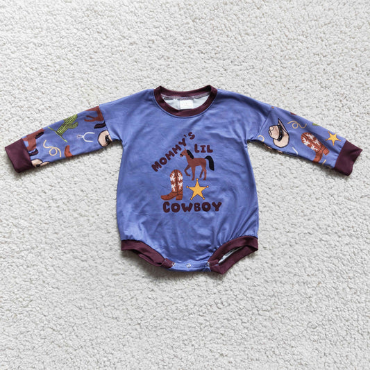 LR0229 Blue Mommy Lil Cowboy Horses Boots Western Girls Long Sleeve Romper