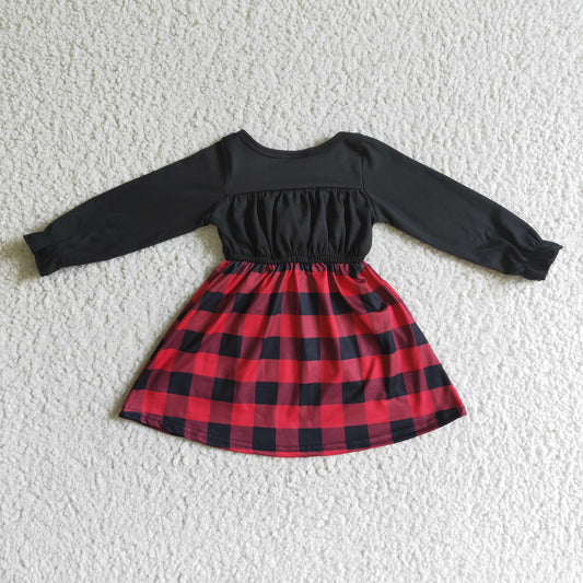 GLD0072 Christmas Red Black Plaid Girls Long Sleeve Dresses