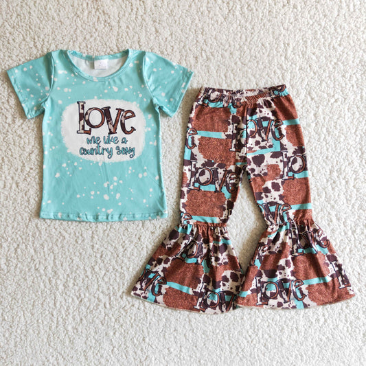 Clearance B10-25 Blue Love Heifer Cow Print Girls Short Sleeve Pants Outfits