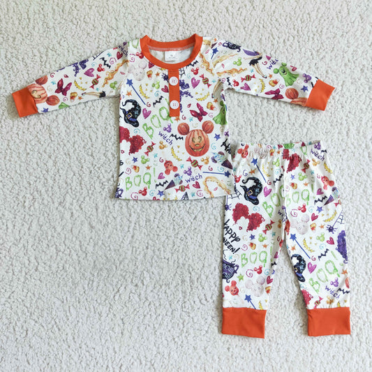 BLP0046 Halloween Pumpkin Orange Ghost Witch Mouse Cartoon Boys Long Sleeve Pajamas