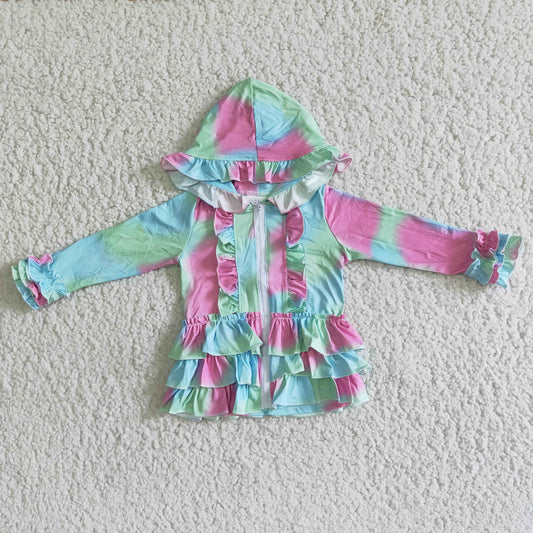 A23-16 Pink Blue Tie Dye Ruffles Girls Long Sleeve Top Jacket