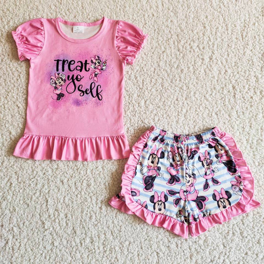 B7-12 Pink Cartoon Treat Yo' Self Girls Short Sleeve Shorts Outfits