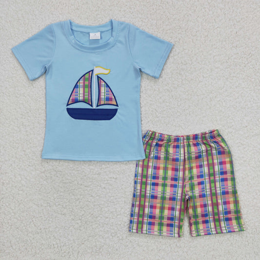 BSSO0127 Blue Plaid Boat Embroidery Boys Short Sleeve Shorts Outfits