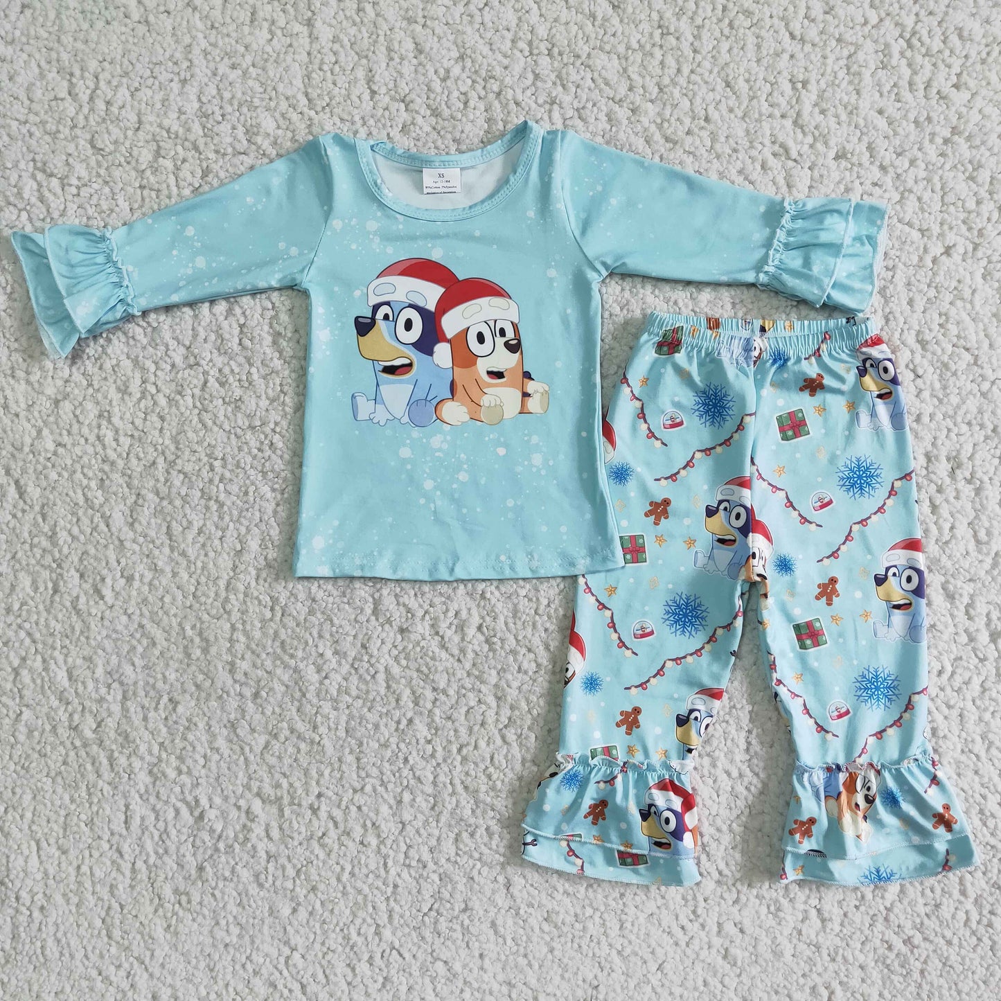 6 B6-14 Blue Christmas Dogs Cartoon Girls Long Sleeve Bell Bottom Pants Outfits