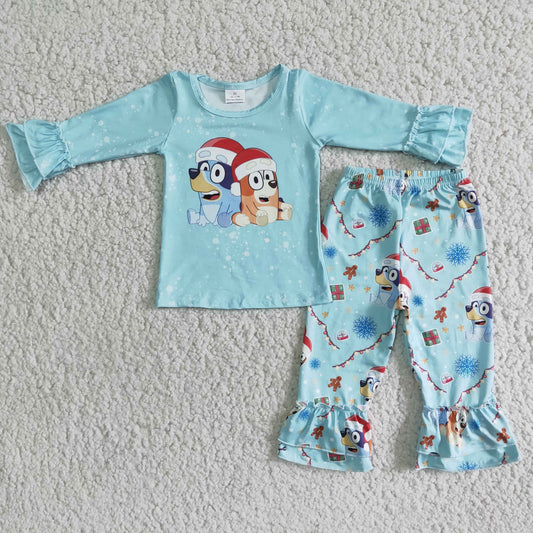 6 B6-14 Blue Christmas Dogs Cartoon Girls Long Sleeve Bell Bottom Pants Outfits