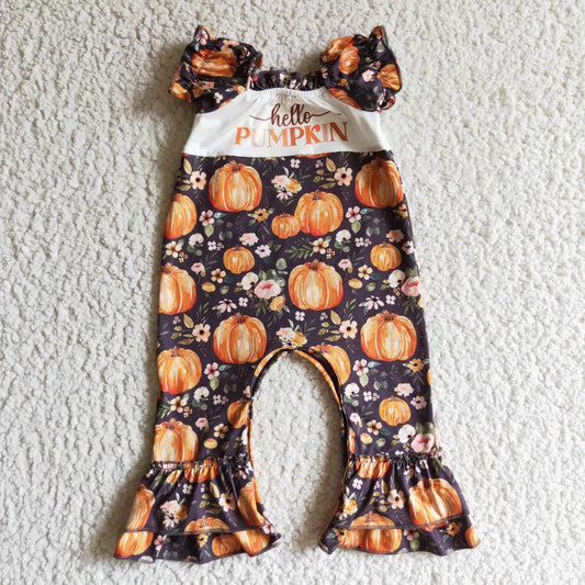 SR0093 Halloween Hello Pumpkin Orange Floral Girls Short Sleeve Romper