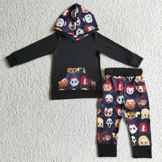 BLP0023 Halloween Clown Cartoon Black Pockets Boys Long Sleeve Hoodies Outfits