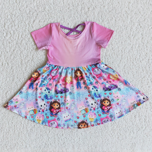 Clearance B1-3 Pink Purple Cartoon Girls Short Sleeve Dresses