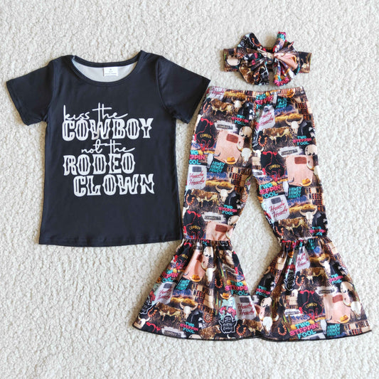 E6-16 Cowboy Rodeo With Bow Headband 3pcs Girls Short Sleeve Bell Bottom Pants Outfits