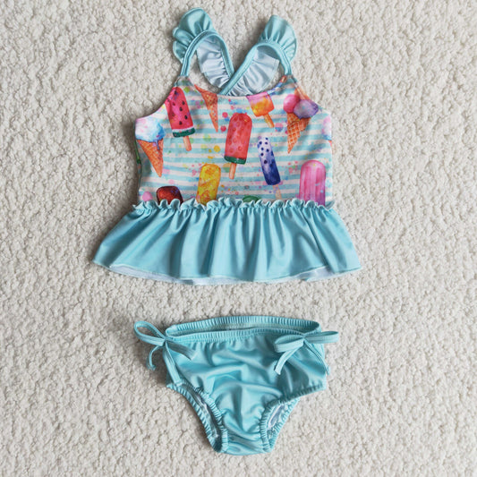 Summer Ice Cream Print Blue Striped Bathing Suits Swimsuits