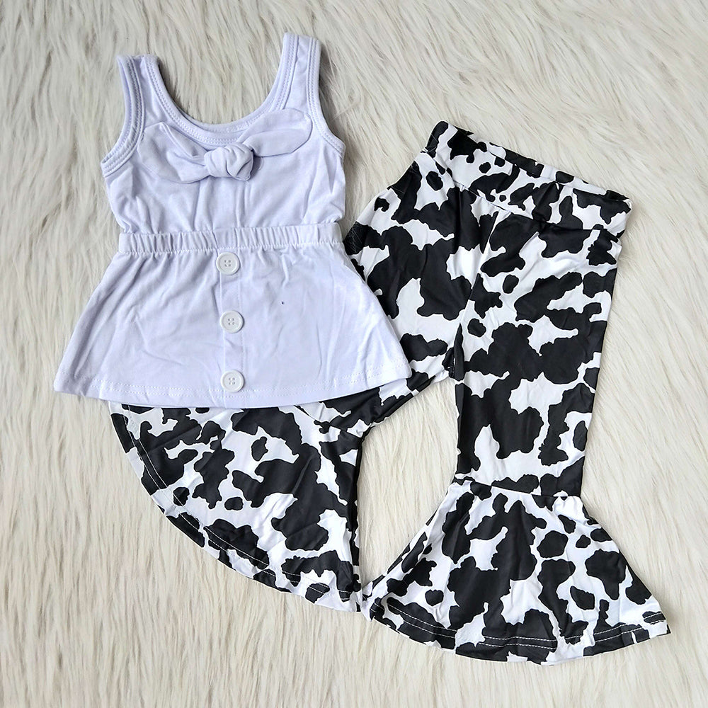 White Top Match Cow Print Bell-Pants Girls Set