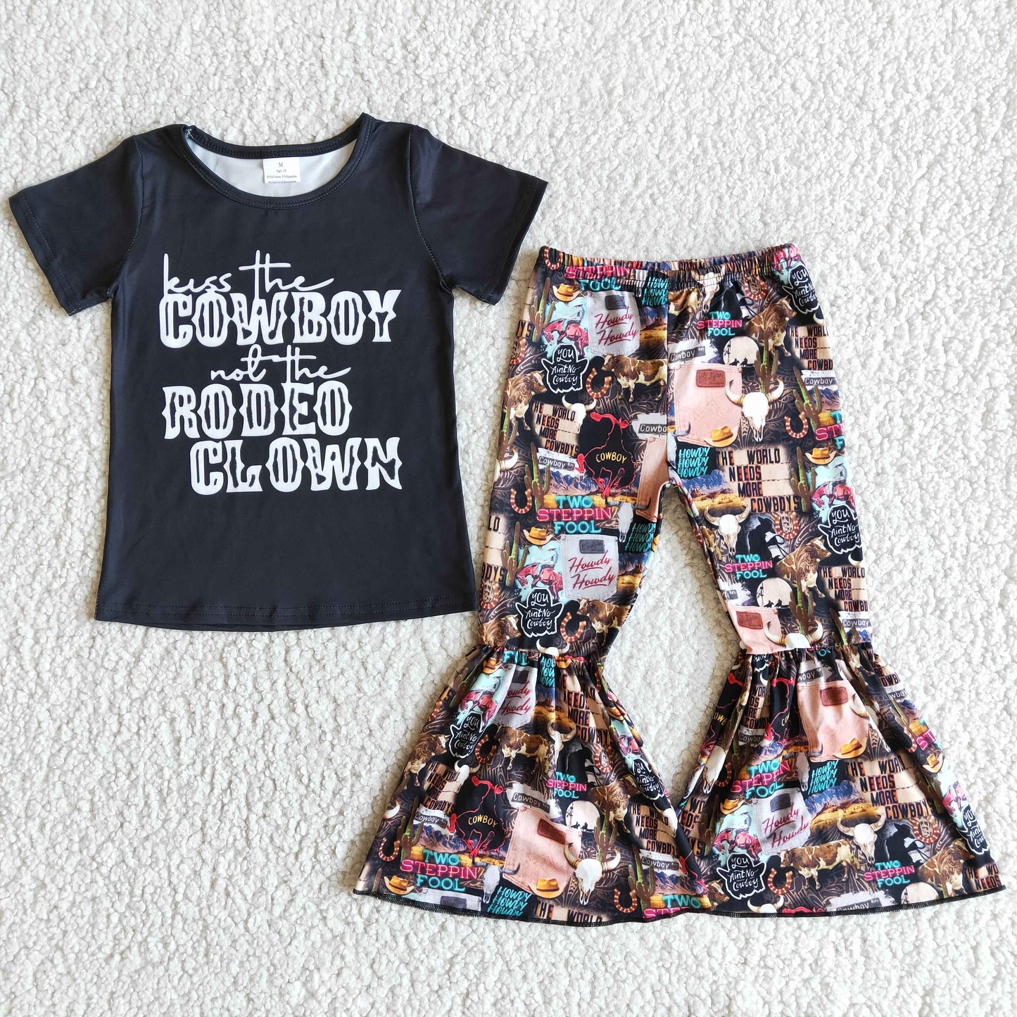 E6-16 Cowboy Rodeo With Bow Headband 3pcs Girls Short Sleeve Bell Bottom Pants Outfits