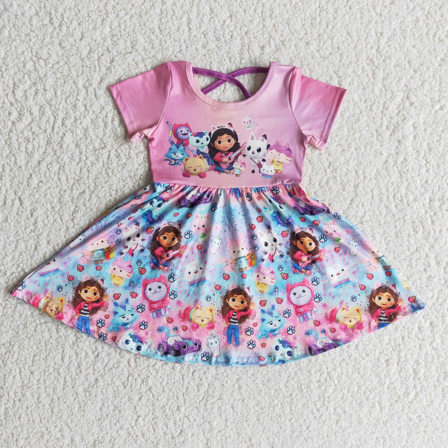 Clearance B1-3 Pink Purple Cartoon Girls Short Sleeve Dresses