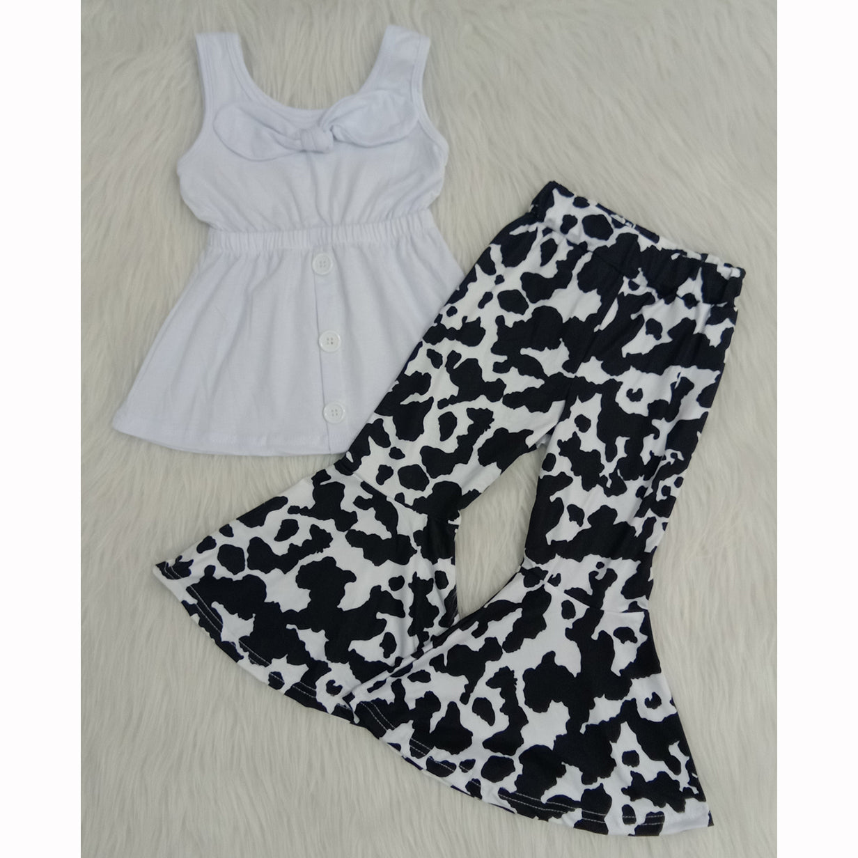 White Top Match Cow Print Bell-Pants Girls Set