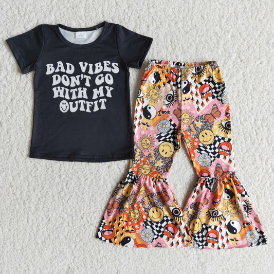 E7-1 Bad Vibes Don't Go With My Outfits With Bow 3pcs Girls Short Sleeve Bell Bottom Pants Outfits