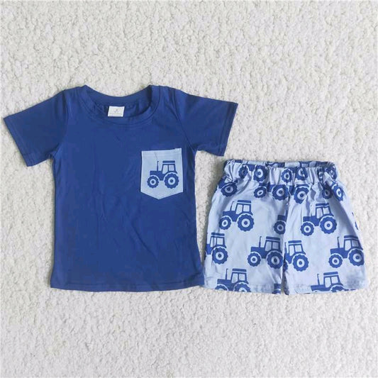 C12-4 Blue Truck Tractors Car Pocket Boys Short Sleeve Shorts Outfits