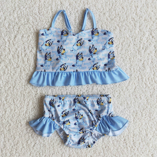 E10-19 Blue Dog Cartoon Girls Swimming Bathing Suits Swimsuits