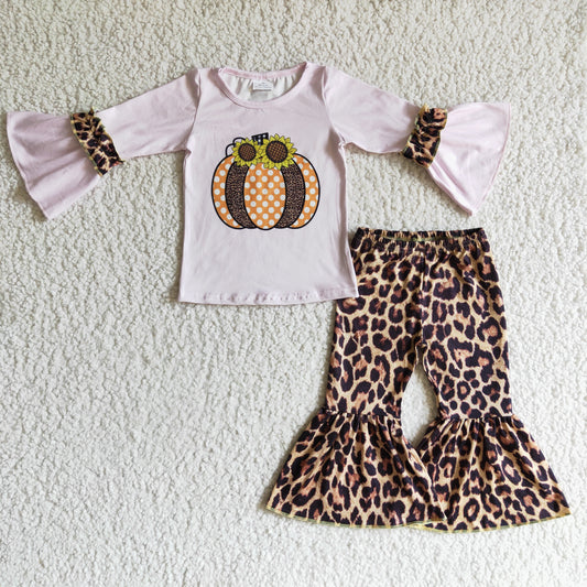 GLP0125 Halloween Pumpkin Leopard Sunflower Pink Orange Girls Long Sleeve Bell Bottom Pants Outfits