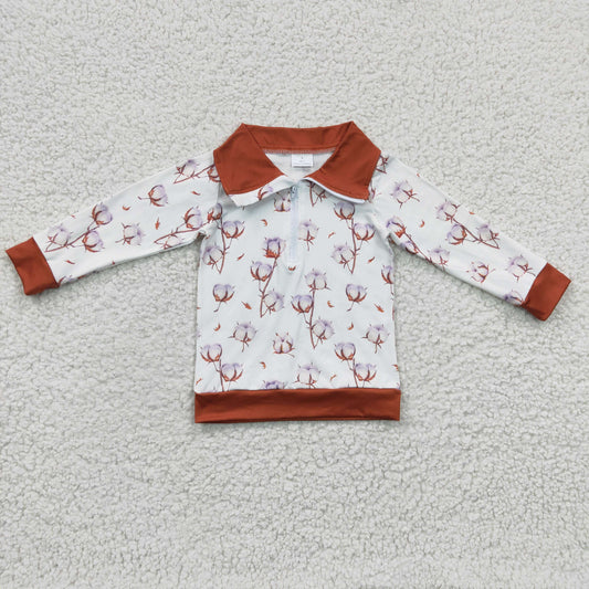 BT0096 Red Brown Cotton Boys Long Sleeve Top Collar Polo Pullover T-Shirts