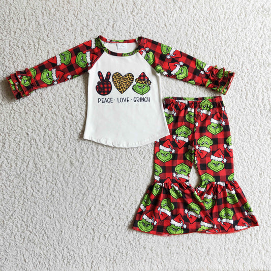 6 A10-15 Christmas Red Green Peace Love Cartoon Girls Long Sleeve Bell Bottom Pants Outfits