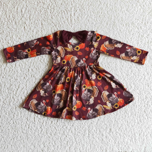 GLD0053 Halloween Thanksgiving Turkey Pumpkin Red Orange Girls Long Sleeve Dresses