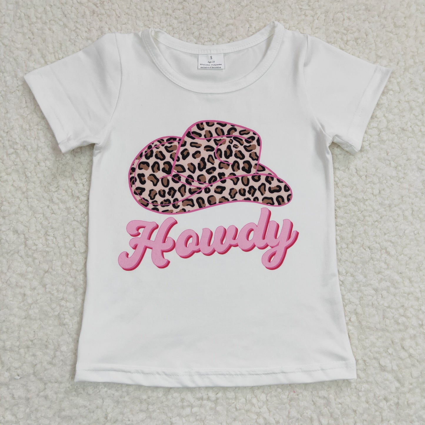 GT0138 Pink Leopard Hat Cowboy Howdy Girls Short Sleeve Top T-shirts