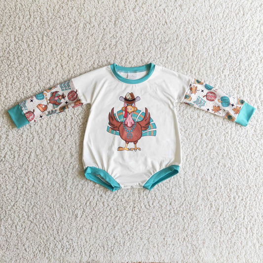 LR0170 Thanksgiving Turkey Blue Cartoon Girls Long Sleeve Romper