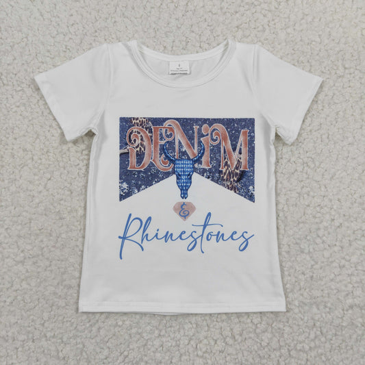 GSPO0531  2Pcs GT0133 Blue Cow  Top + C5-15 Blue Denim Girls Short Sleeve Bell Bottom Pants Outfits