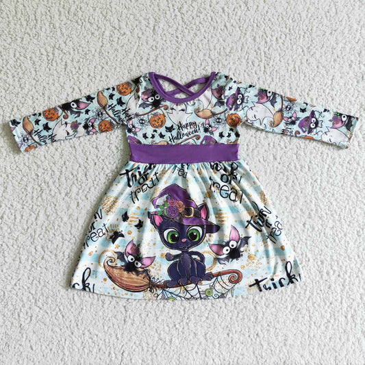 GLD0036 Halloween Pumpkin Purple Cat Girls Long Sleeve Dresses