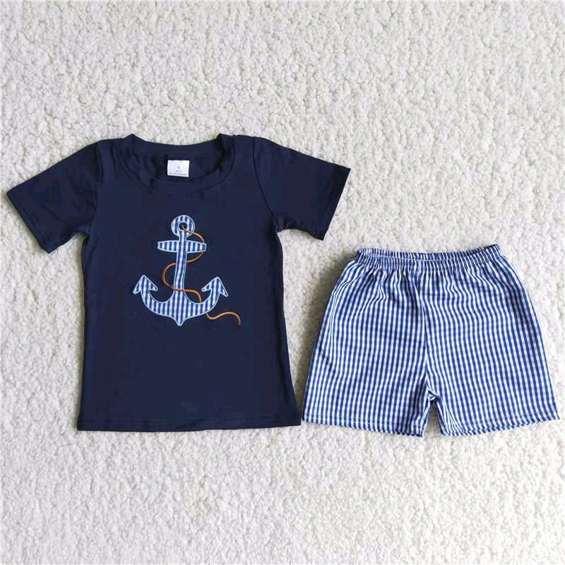 D12-17 Blue Sea Embroidery Boys Short Sleeve Shorts Outfits