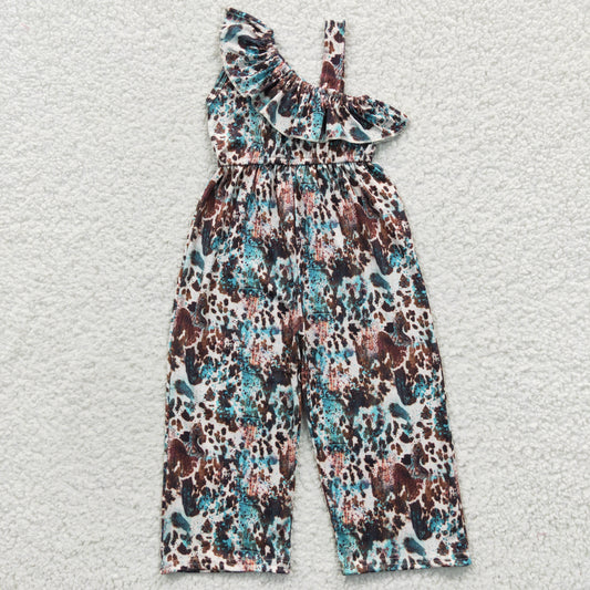 SR0366 Cow Leopard Green Girls Sleeveless Jumpsuit Overall Pants