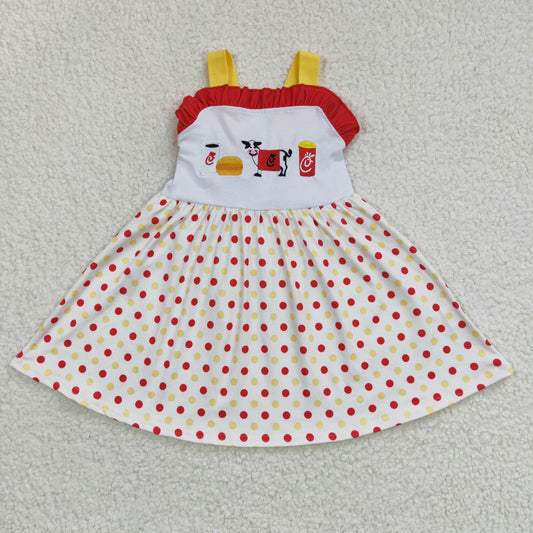 GSD0203 Yellow Red Cow Cartoon Food Embroidery Girls Short Sleeve Dresses