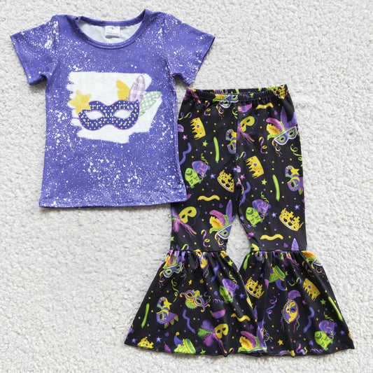 GSPO0220 Mardi Gras Purple Yellow Mask Girls Short Sleeve Bell Bottom Pants Outfits