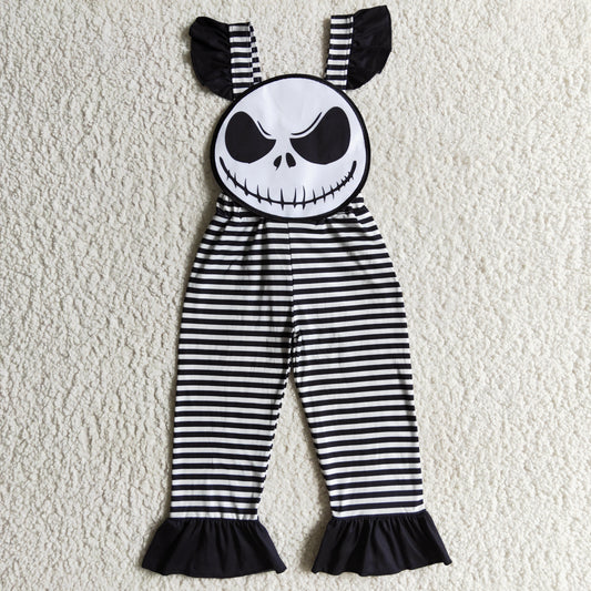 SR0081 Halloween Ghost Clown Black Stripes Girls Sleeveless Jumpsuit Overall Pants