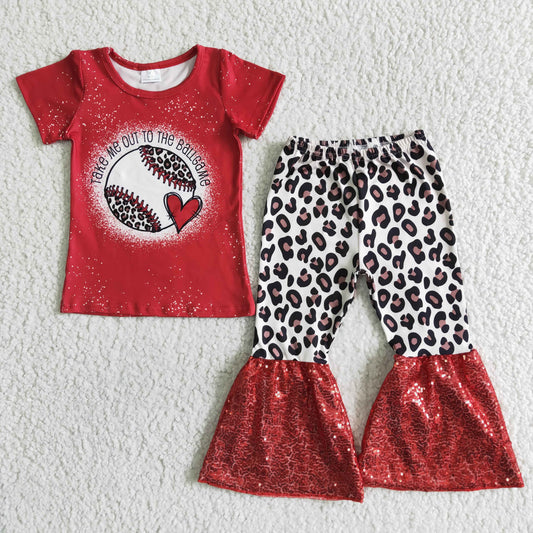 GSPO0011 Red Baseball Ballgame Leopard Sequin Girls Short Sleeve Pants Outfits